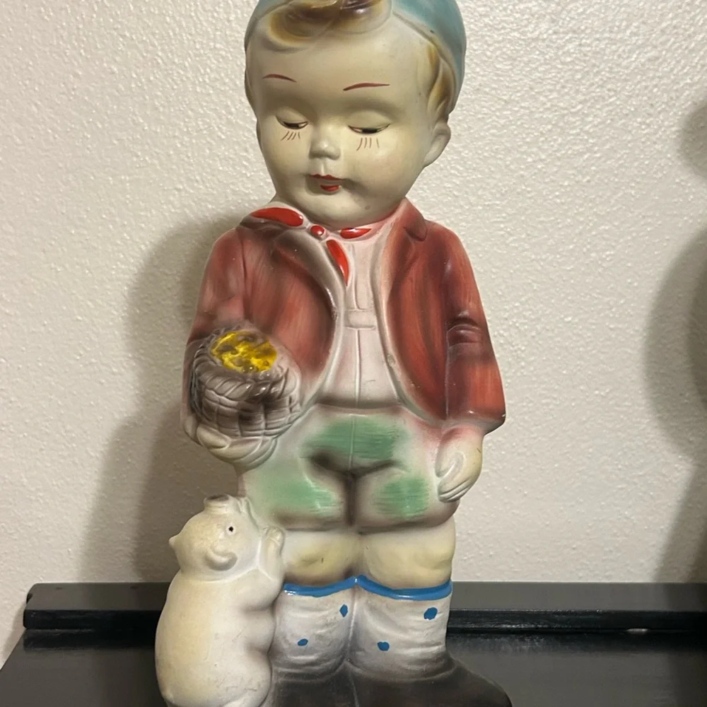 Vintage Chalkware Little Boy with Pig Bank Made in Japan‎ 1960’s